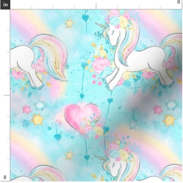 Pastel Rainbow Floral Crown Unicorn Fabric By The Yard | Pastel Heart Stars Flowers| Cottoncandy Bright | Nursery | Made To Order Fabric