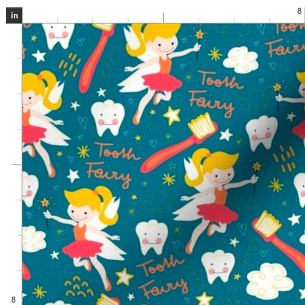 The Tooth Fairy Fabric By The Yard | Pediatric Children's Dentisty | Happy Teeth Toothbrush | Kid's Covid Mask Fabric | Made To Order Fabric