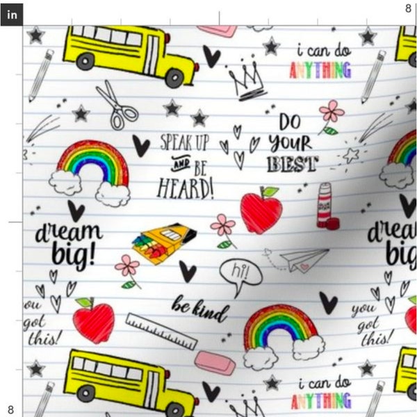 Back To School Doodles Fabric By The Yard | Hand Drawn School Supplies | Words of Encouragement | Kids | Kindergarten | Made To Order Fabric