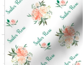 Custom Name Fabric By The Yard | Personalized Watercolor Peach Florals | Nursery Blanket | Kids Leggings Name Mask | Made To Order Fabric
