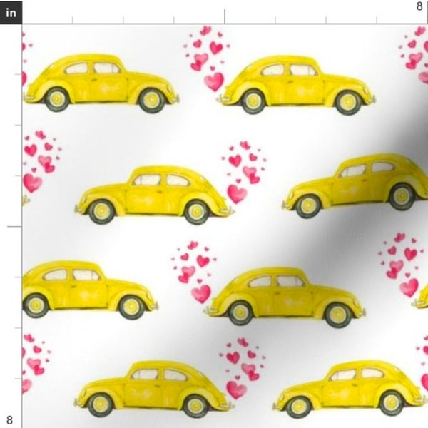 Valentine's Love Bug Fabric By The Yard | Watercolor Yellow Volkswagen with Hearts | Valentine's Day | V-Day Fabric | Made To Order Fabric