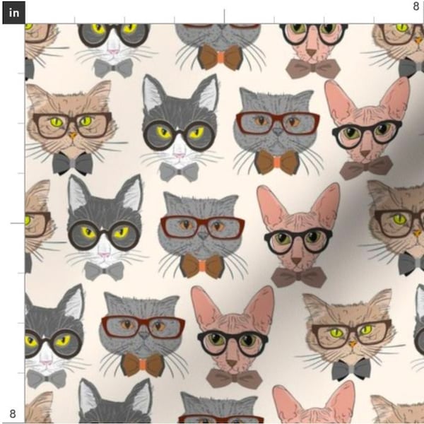 Hipster Cats Fabric By The Yard | Skinny Hairless Bowtie and Glasses Wearing Cats | Funny Cat Fabric | Made To Order Fabric
