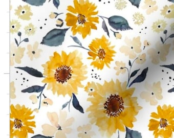 Sunflowers and Cream Fabric By The Yard | Watercolor Fall Golden Floral Flowers Indybloomdesign | Nursery | Made To Order Fabric