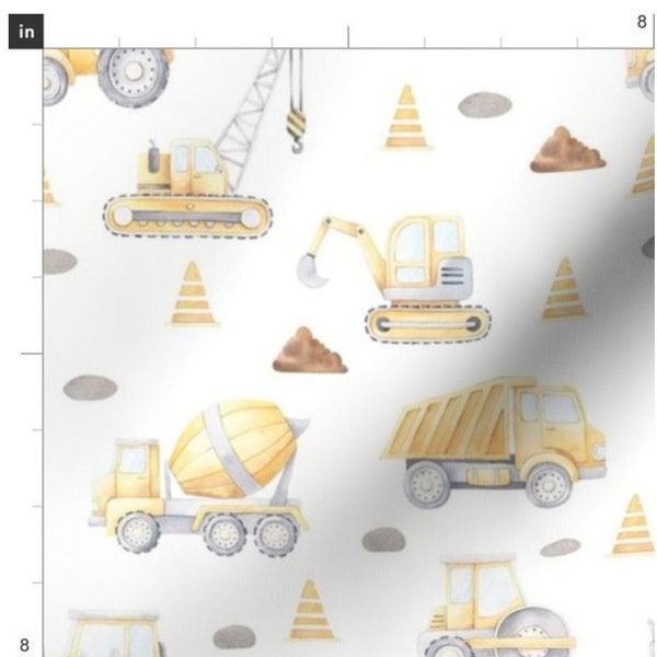 Watercolor Yellow Construction Trucks Fabric By The Yard | Fun Construction Themed Fabric | Boy Nursery Blanket Minky | Made To Order Fabric