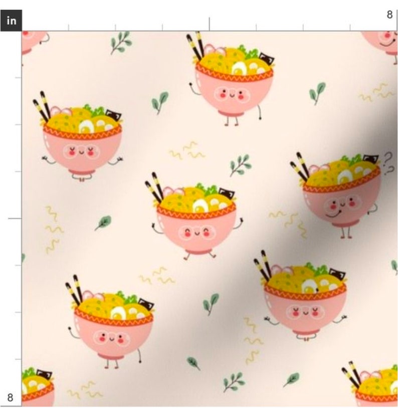 Happy Ramen Noodles Fabric By The Yard Kawaii Noodles Cute Fun Ramen Fabric Asian Noodle Soup Kids Fun Fabric Made To Order Fabric image 1