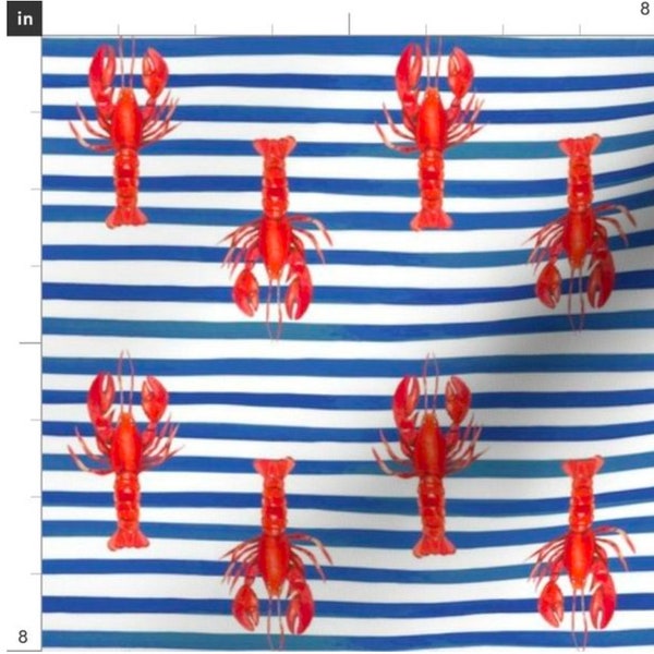 Nautical Preppy Lobster Fabric By The Yard | Watercolor Navy Stripes with Red Lobster | Beachy Fabric | Kids Fabric | Made To Order Fabric