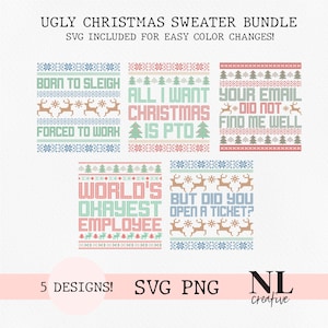May include: A collection of five digital designs for festive Christmas sweaters. Each design incorporates text and seasonal motifs such as reindeer and snowflakes. The colour scheme includes red, green, blue, and brown. The text includes phrases like "Born to Sleigh" and "World's Okayest Employee."
