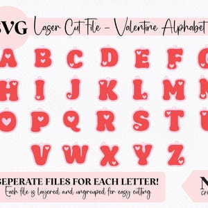 Llavero o etiqueta para bolso con corazones de San Valentín retro SVG / Alfabeto completo - Todas las letras / Archivo cortado con láser