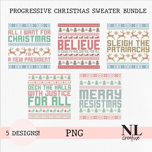 May include: Five Christmas sweater designs with progressive messages, presented in a knitted style. Each design features text, reindeer, snowflakes, and tree patterns. The colour palette includes red, green, blue, and tan.