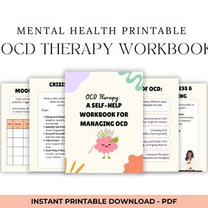 Op de afbeelding: Een afdrukbaar werkboek voor geestelijke gezondheid voor OCD-therapie. De omslag toont de titel "OCD Therapy: A Self-Help Workbook for Managing OCD" met een hersenillustratie. Het werkboek bevat secties over crisisbeheer en het volgen van stemming.