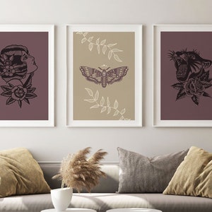 Impresión de arte flash de tatuaje tradicional / Conjunto de 3 / Descarga digital / Impresión de arte moderno / Polilla de la muerte / Mujer gitana / Pantera / Rosas