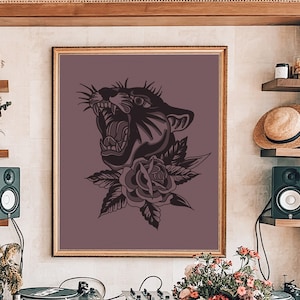Traditional Tattoo Flash Art Print /  Digital download/ Modern Wall art / Panther / Rose