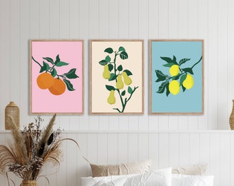 Set of 3 / Fruit Prints / Digital Download / Bright wall art / Kitchen Art