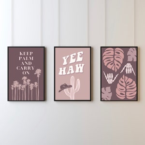 Impresión de arte de vaquera costera / Conjunto de 3 / Descarga digital / Impresión de arte moderno / Occidental / Boho / Palmeras / Plantas