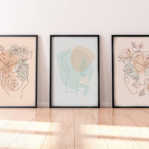 Line faces Flowers Art Print / Gifts for her / Set of 3 /Woman With Flower Head / Line Art / Digital download / Pastel Colours