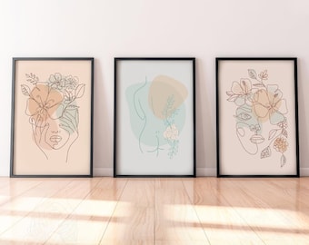 Line Art Print Set, Woman with Flowers (Digital Download)