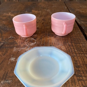 2 Hazel Atlas Pink Little Hostess Tea cups and 1 White Plate