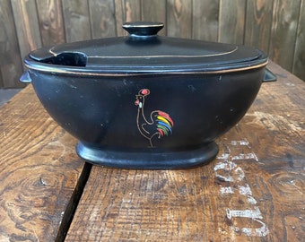 Vintage Redware Black Glazed w/ hand Painted Rooster Gravy Boat w/Lid