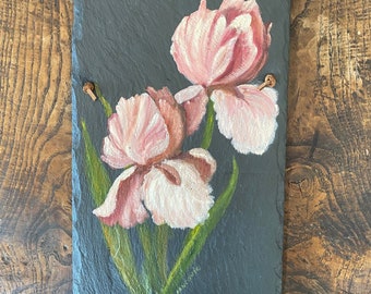 Pink and White Floral Flowers Painted On Slate signed by artist