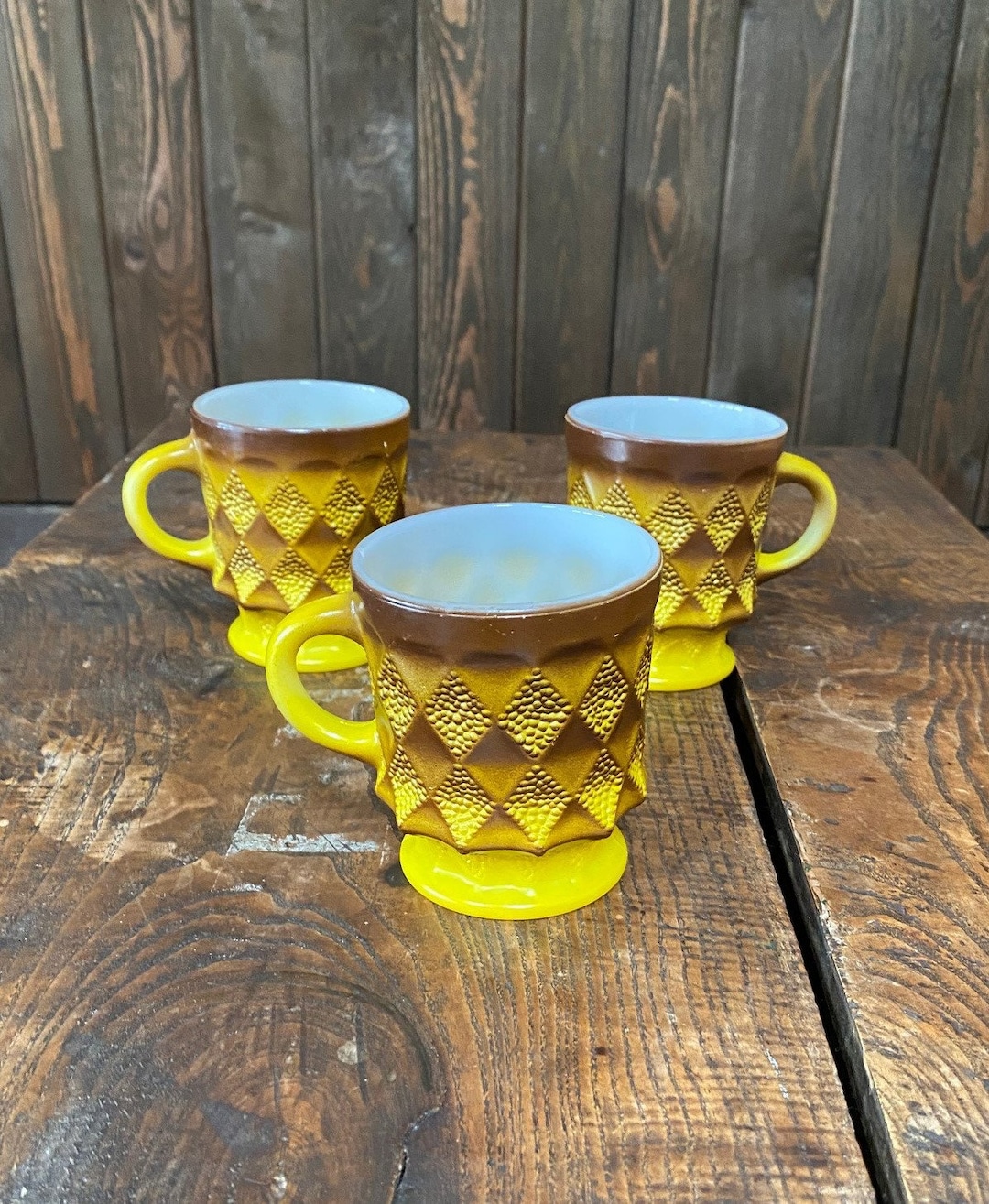 3 Anchor Hocking Fire King Yellow & Brown Kimberly Diamond Mugs - Etsy