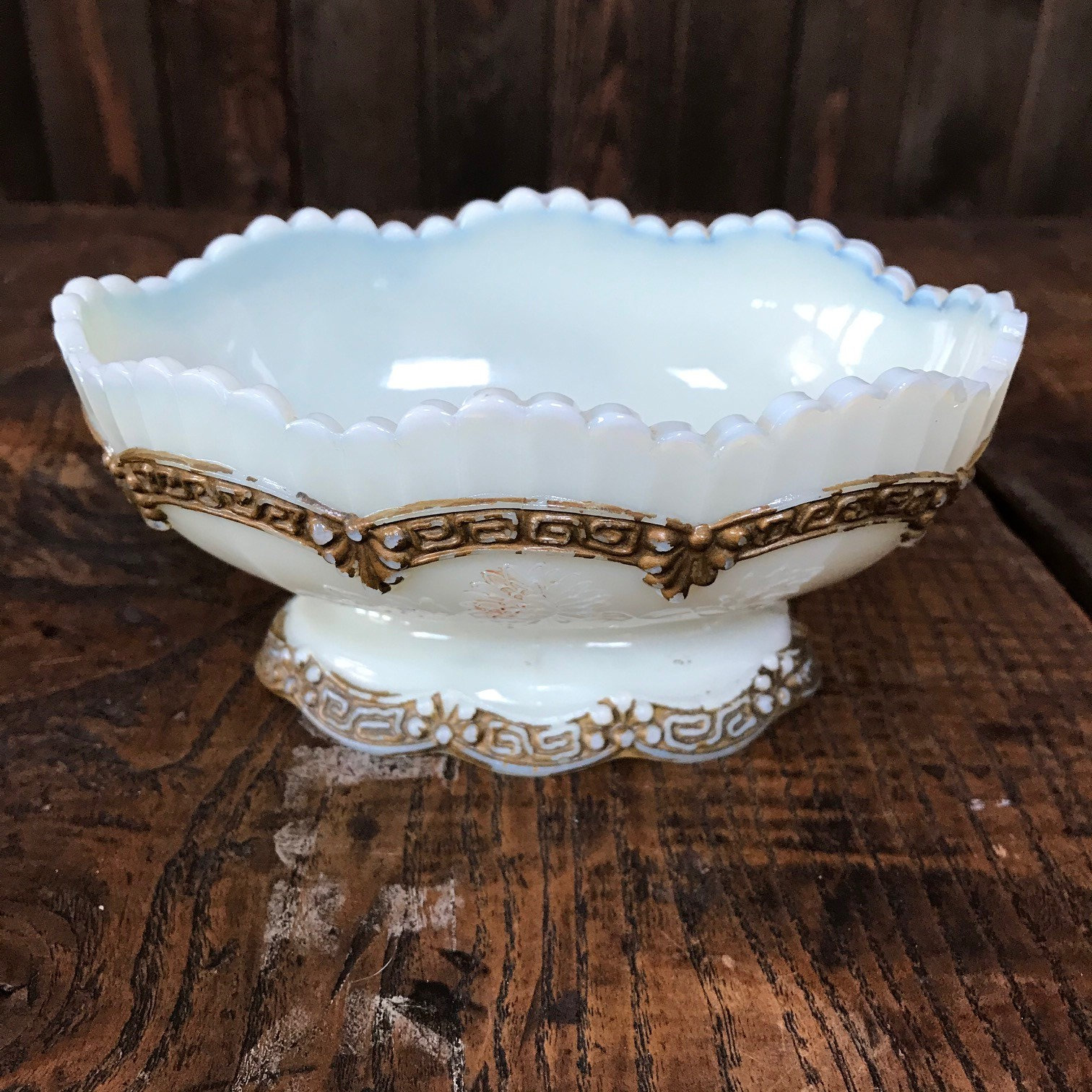 Small Vintage Embossed Milk Glass with Gold Trim Trinket/Candy Dish