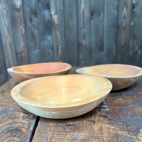 3 Vintage Hand Turned Farmhouse Wood Bowls