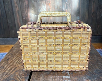 Small Vintage Wicker Suitcase Style Lunch Box Purse Decor