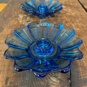 Vintage Set of 2 Blue Clear Glass Candle Stick Holders