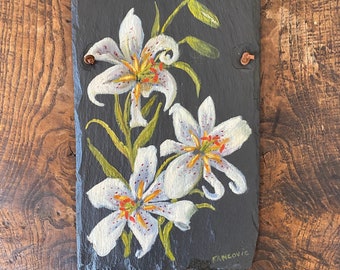 White Floral Flowers Painted On Slate signed by artist