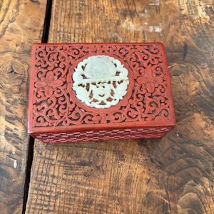 Chinese Cinnabar Carved Lacquer Box with Jade Insert