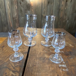 Set of 4 Vintage Hurricane Stem Glasses with Silver Trim