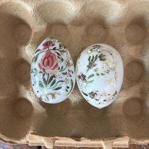 2 Victorian Milk Glass Hand Painted Easter Eggs with Vintage Egg Carton