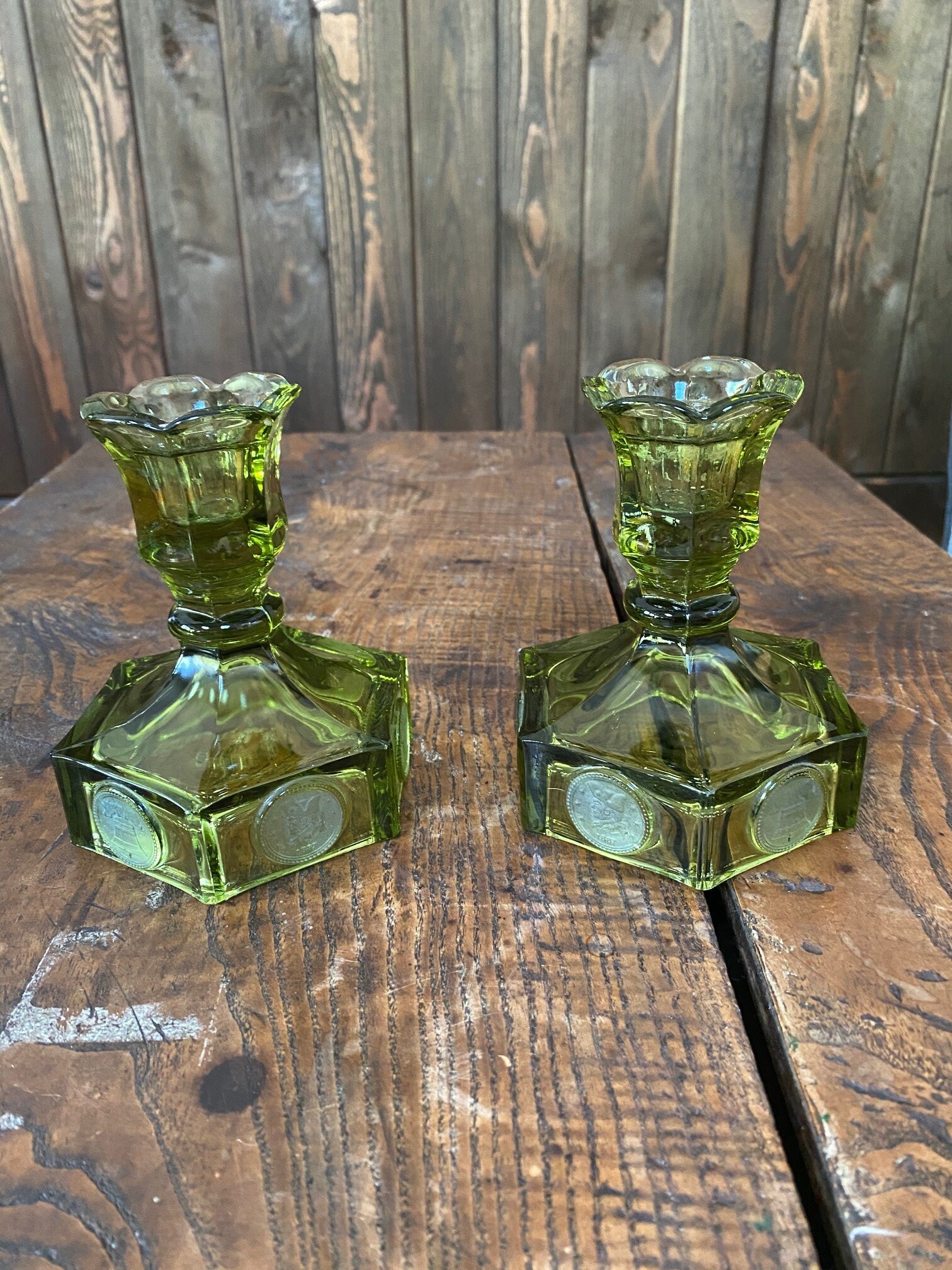 1 Pair Vintage Fostoria Coin Ware Olive Green Candle Stick Holders Art