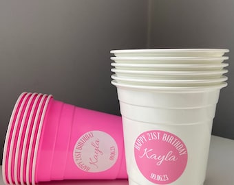 Personalized Beer Pong Cups: Customizable Birthday Party Stickers, 16oz Red Cups