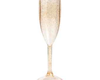 Glitter Gold Plastic Champagne Flutes Reusable 165ml Prosecco Glasses