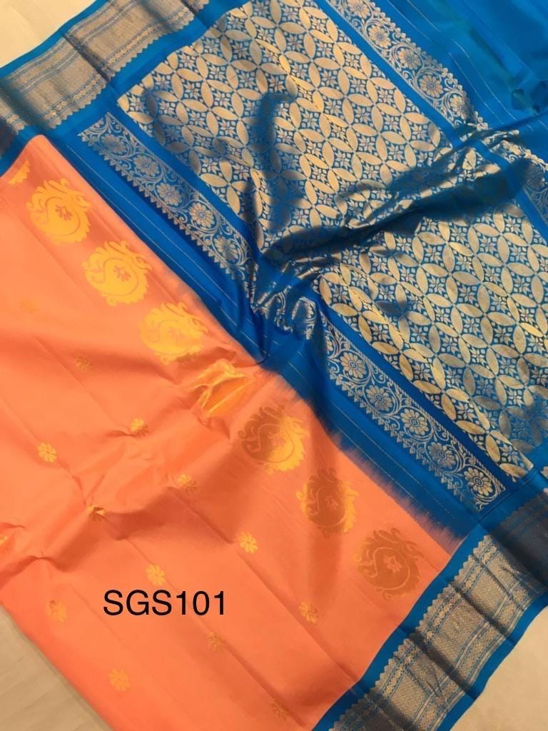 Saris de seda pura Peach Gadwal con bordes Kuttu.