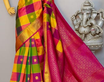 Multi color Pure Kanchi  Silk Saree