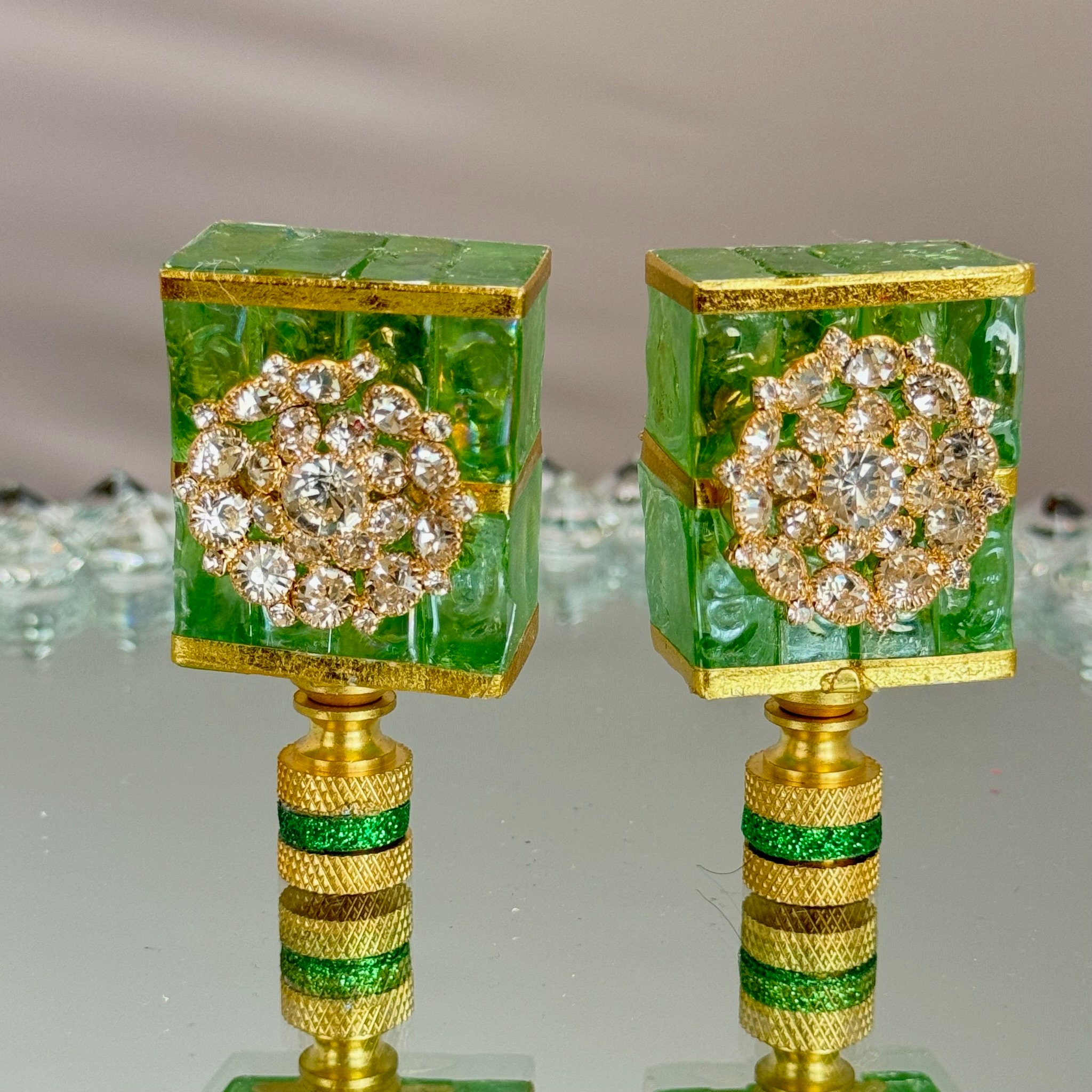 Green Mosaic Finial W/gold Handmade Finial Set Artisan Finials Lamp Accessories Lamp Decor