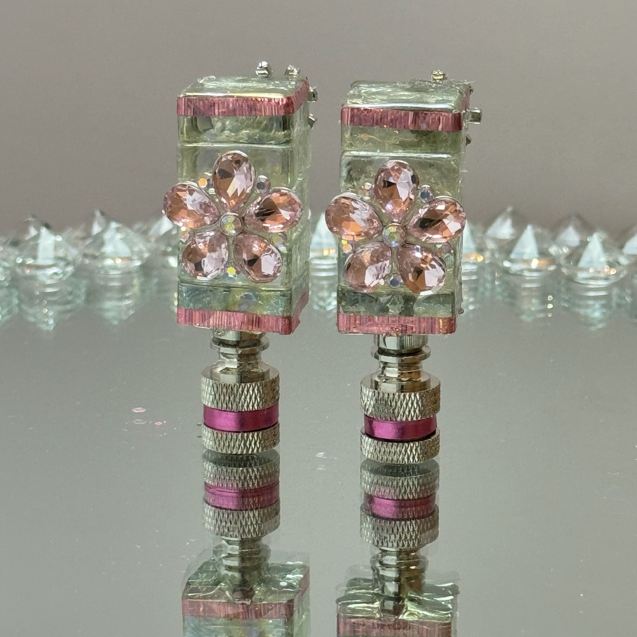 Handmade Mosaic Glass Tile & Baby Pink Gem Flower Finial Set Artisian Finials Lamp Accessories