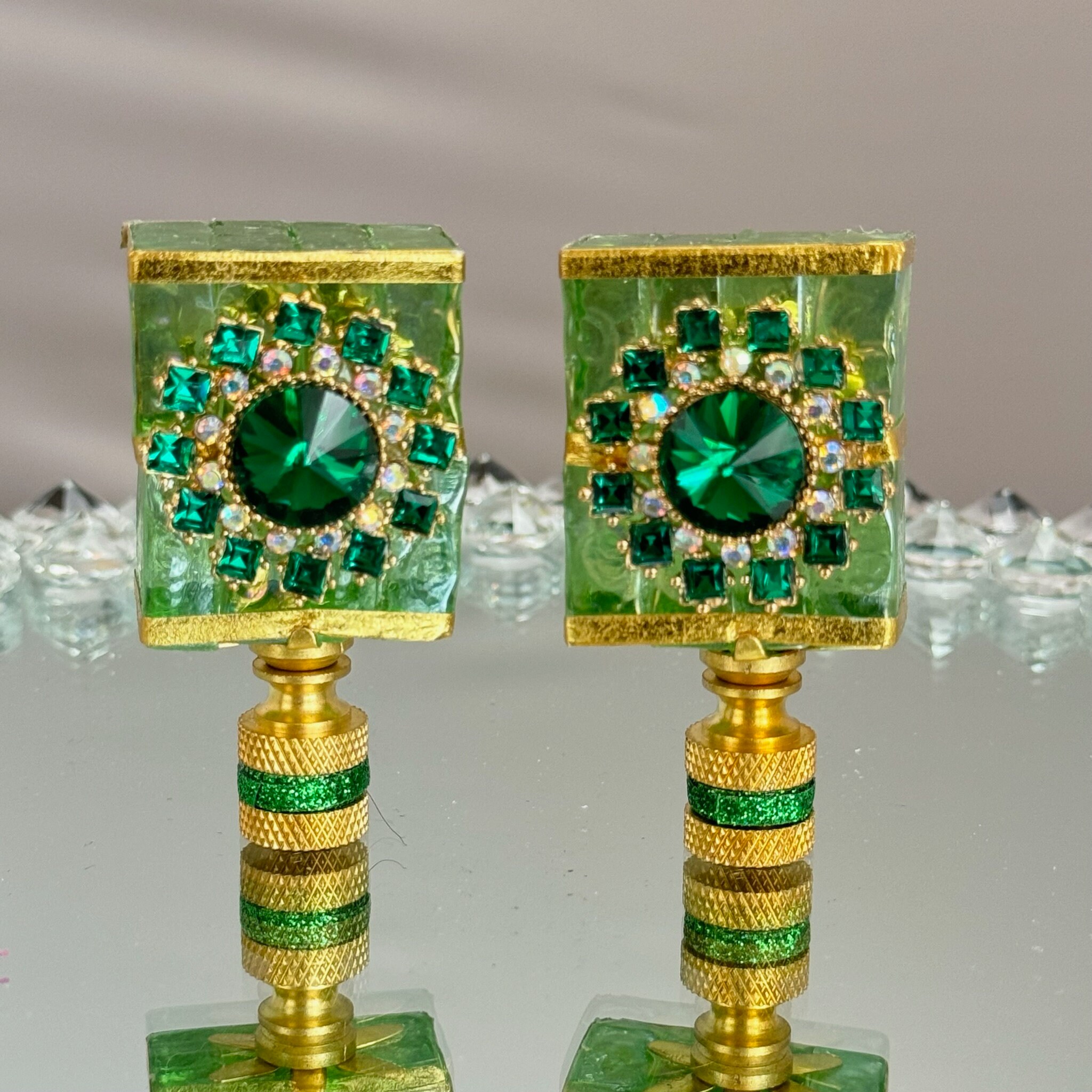 Green Mosaic Finial W/gold Handmade Finial Set Artisan Finials Lamp Accessories Lamp Decor