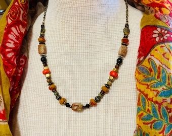 Beaded Necklace Orange Bead Boho Necklace
