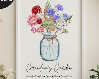 Personalisierter Geburtsmonat Blumen-Geburtstagsgeschenk für Oma, benutzerdefinierte Geburts-Blumenstrauß-Wandkunst, Oma-Weihnachtsblumenstrauß-Digitaldruck