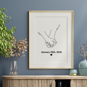 Impresión personalizada de arte de línea de pareja tomados de la mano, regalo de pareja personalizado, regalo de aniversario personalizado, regalo del Día de la Madre de Pascua, impresión digital
