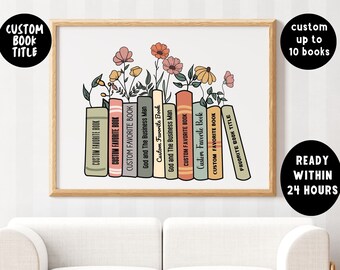 Impresión digital de arte mural con título de libro favorito personalizado, regalo para amantes de los libros, descarga de impresión de arte de estantería, decoración de pared de libros, impresión de arte de libros para bibliotecarios