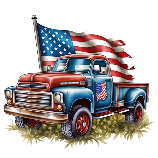 Vintage USA Truck with American Flag Png & Jpeg, 4th of July truck Instant Download, Sublimation Design, Independence Day truck Jpg  Png