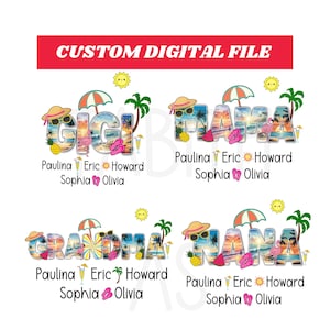 Puede incluir: Cuatro diseños digitales con las palabras "Gigi", "Mama", "Grandma" y "Nana" con un fondo de playa. Cada diseño incluye los nombres "Paulina", "Eric", "Howard", "Sophia" y "Olivia".
