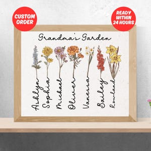Impression de bouquet de famille fleurs de naissance, cadeau numérique personnalisé de fête des mères pour grand-mère, art floral pour le mois de naissance, cadeau d'anniversaire personnalisé pour maman