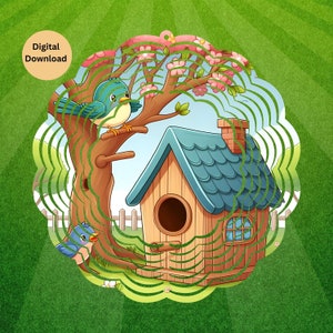 Bird House Spring Wind Spinner PNG, Kwiatowy Wiatraczek Sublimacyjny Projekt, Natychmiastowe Pobieranie, Zwierzęcy Wiatraczek Sublimacyjny Szablon PNG