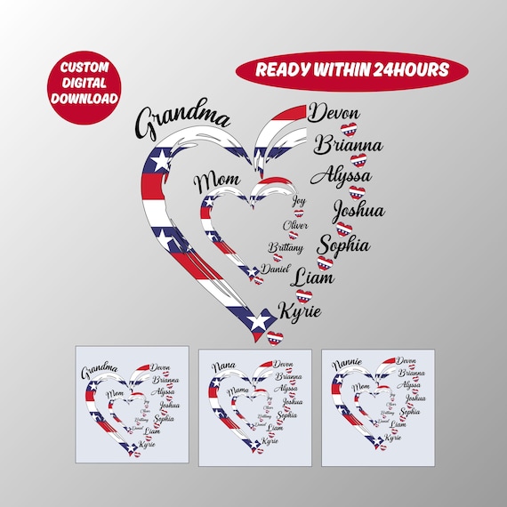 Personalized July 4th Grandma Mom Heart PNG, Patriotic American with Kids Sublimation, American Heart Flag Png,July 4th Independence Day Png