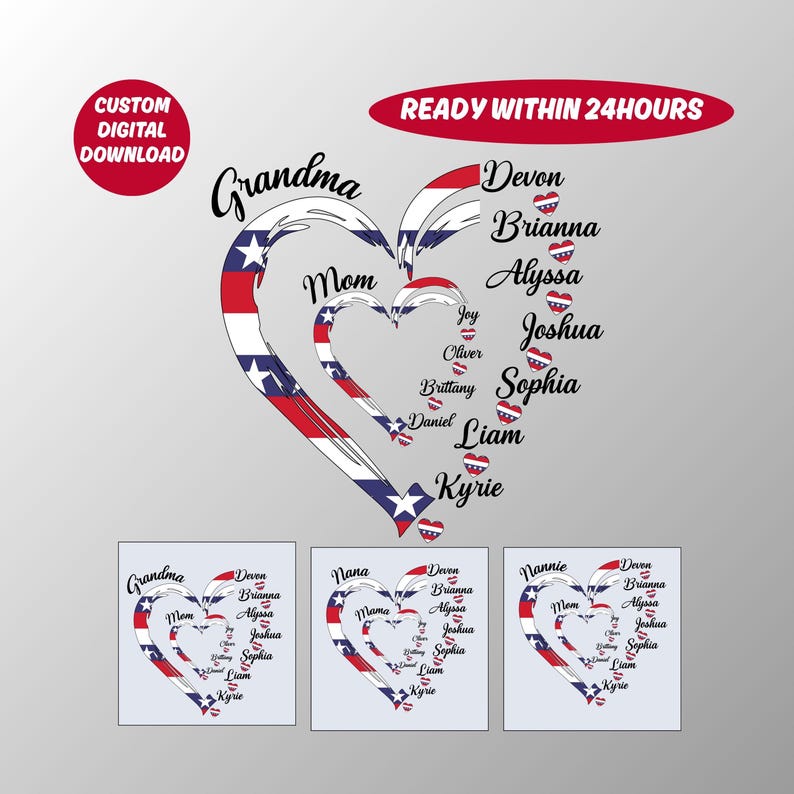 K&ouml;nnte beinhalten: Ein digitales Design mit einem herzf&ouml;rmigen Grafik in Rot, Wei&szlig; und Blau, mit Namen und Titeln wie "Oma" und "Mama". Das Design enth&auml;lt den Text "CUSTOM DIGITAL DOWNLOAD" und "READY WITHIN 24HOURS."